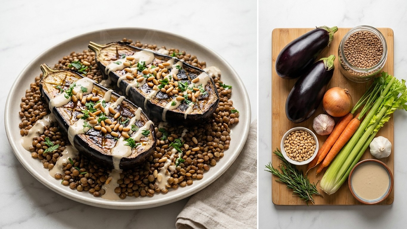 Roasted Eggplant With Tahini, Pine Nuts, and Lentils