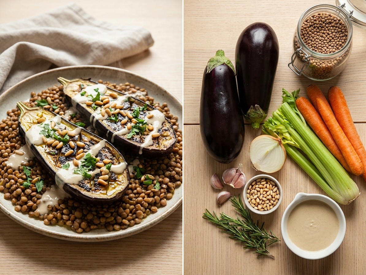 Roasted Eggplant With Tahini, Pine Nuts, and Lentils