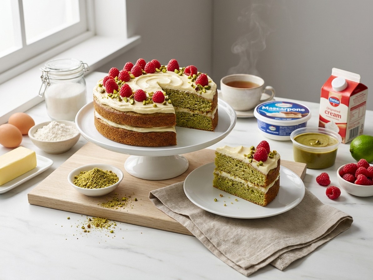Pistachio Raspberry Layer Cake