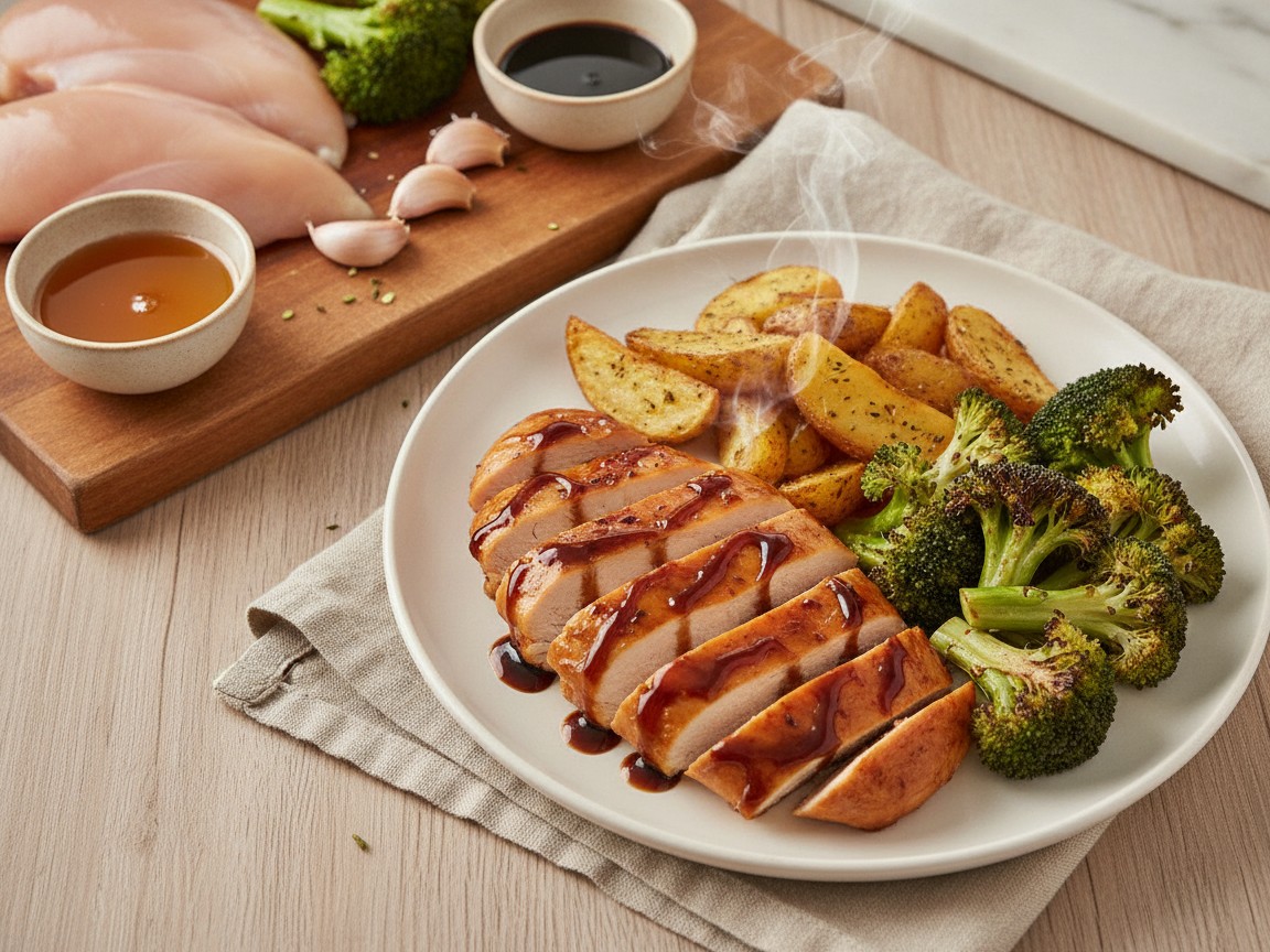 Honey Balsamic Chicken with Crispy Broccoli and Potatoes
