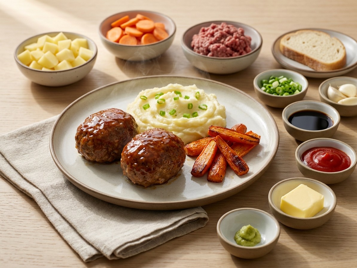 Soy-Glazed Mini Meatloaves with Wasabi Mashed Potatoes and Roasted Carrots