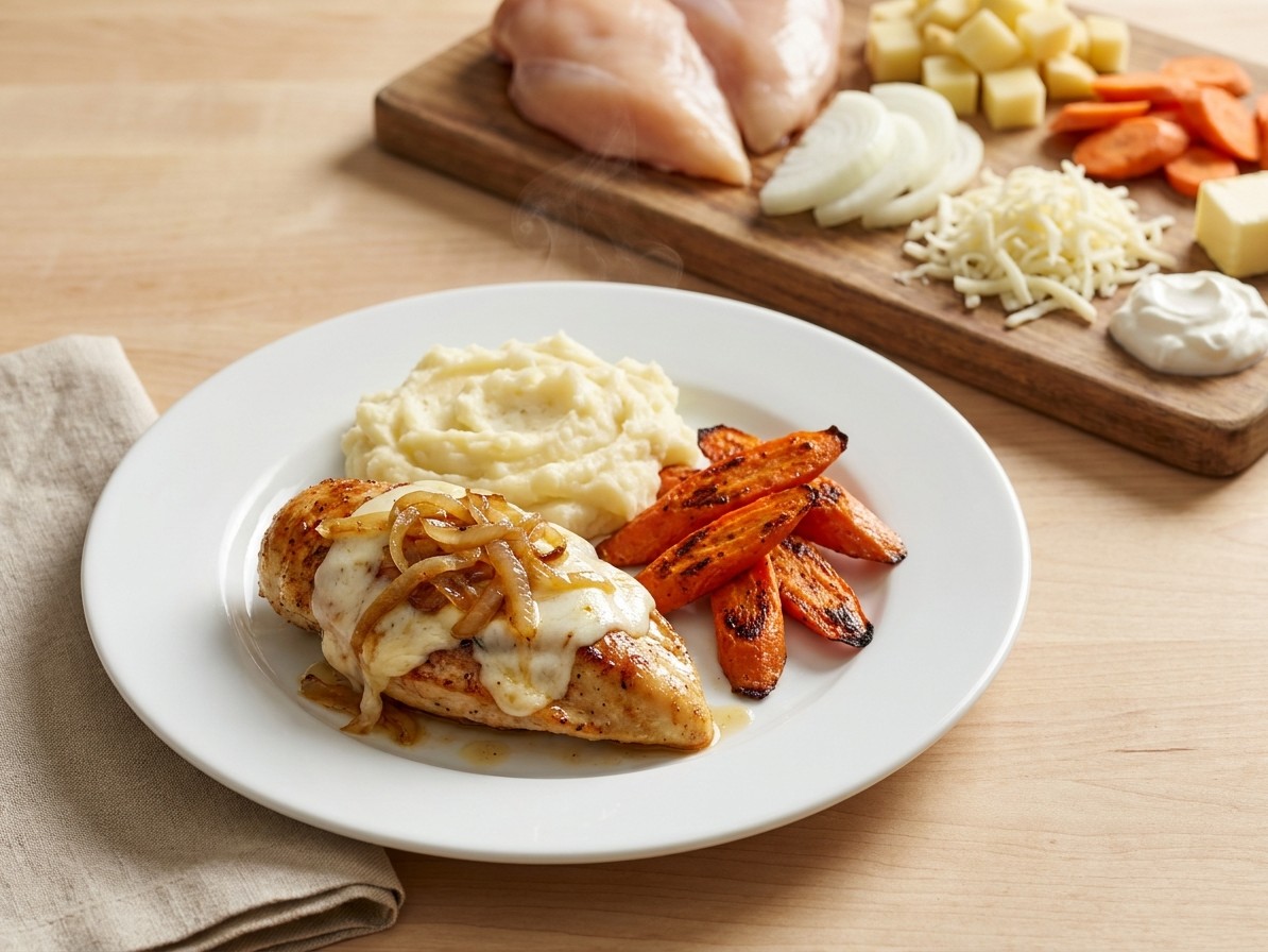 French Onion Chicken with Roasted Carrots and Mashed Potatoes