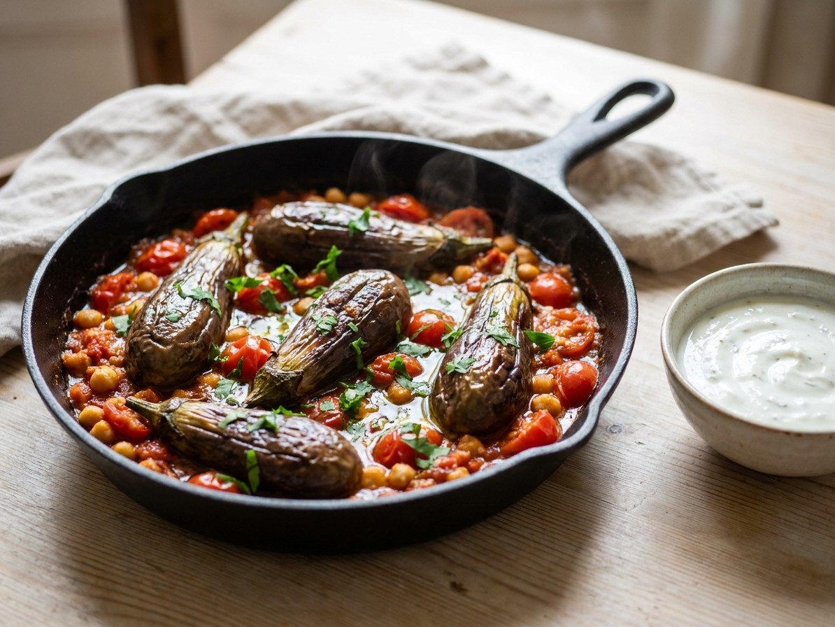 Stovetop Eggplant with Harissa, Chickpeas, and Cumin Yogurt