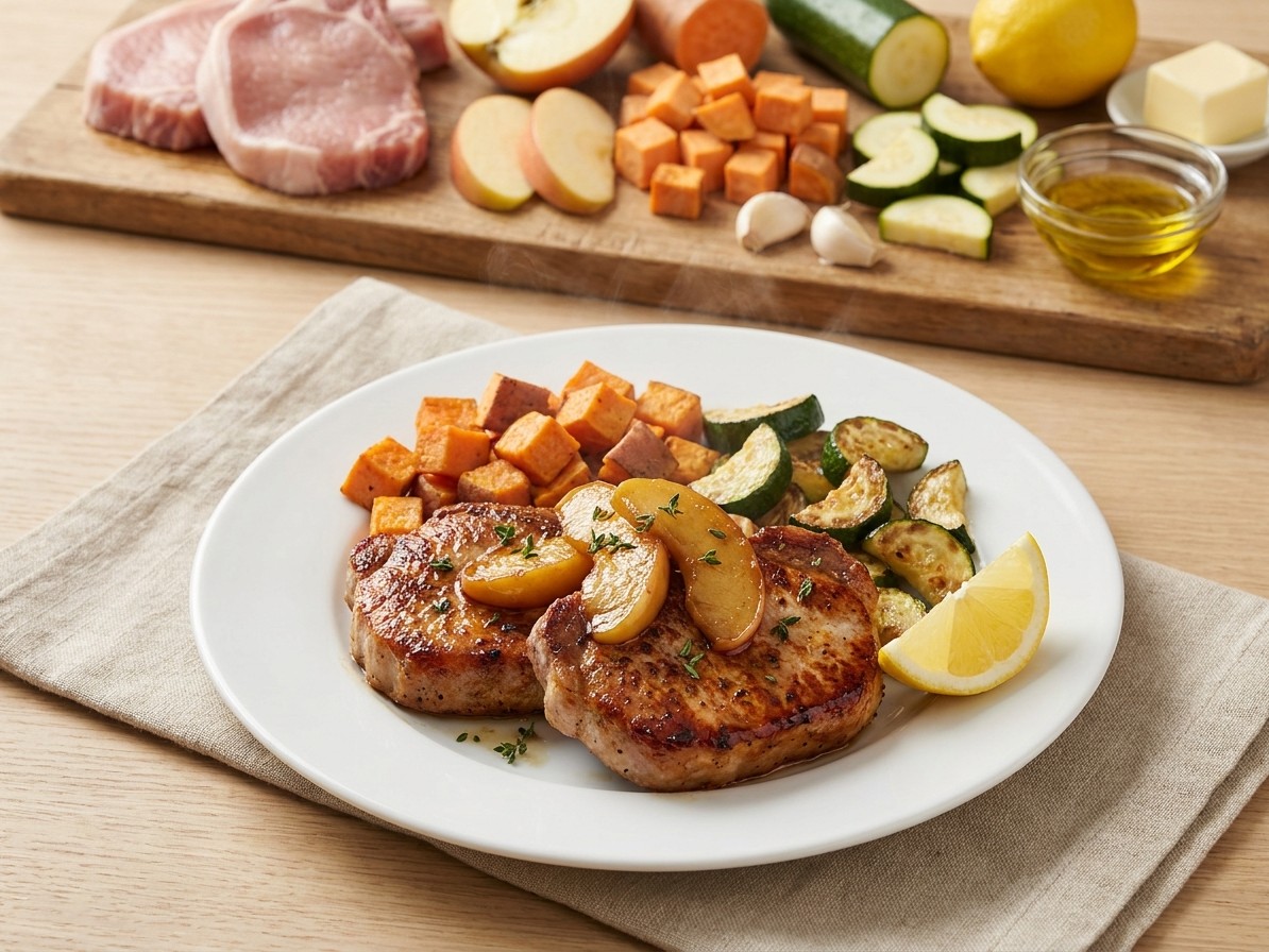 Skillet Apple Pork Chops with Roasted Sweet Potatoes and Zucchini