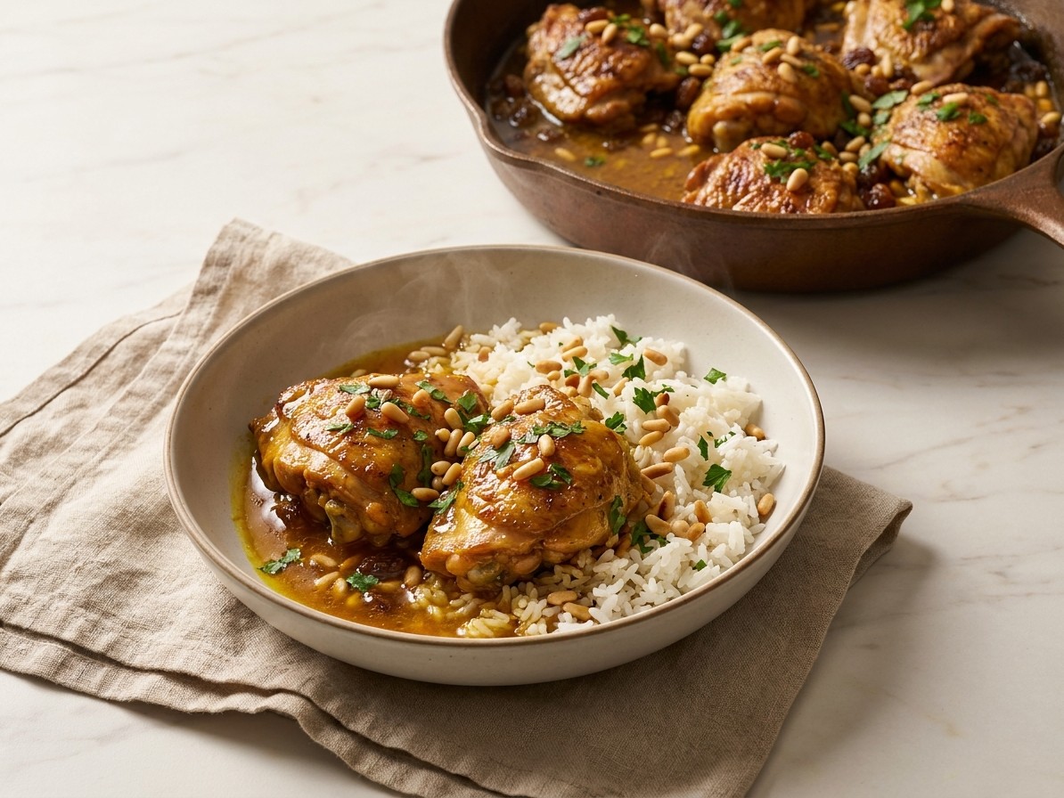 Spanish Chicken with Saffron, Raisins, and Pine Nuts