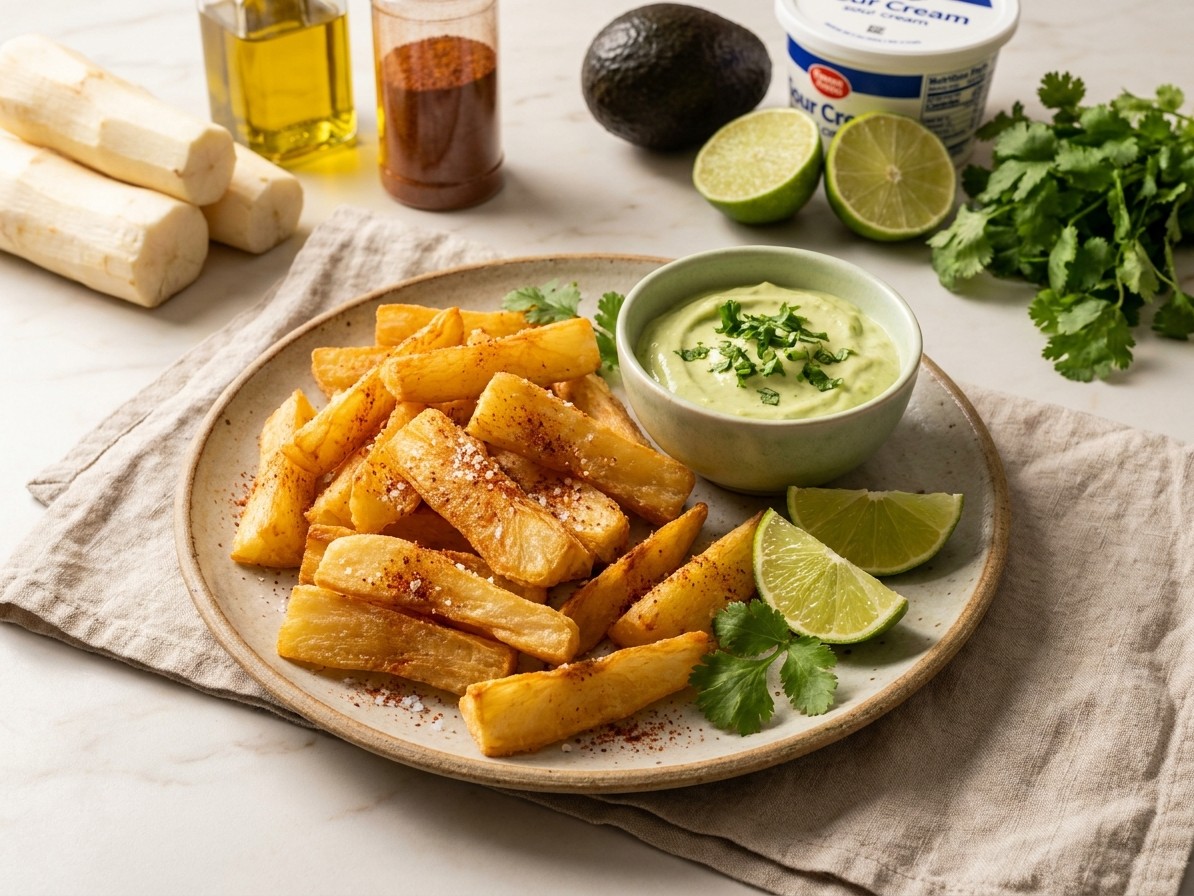 Baked Yuca Fries with Avocado Crema