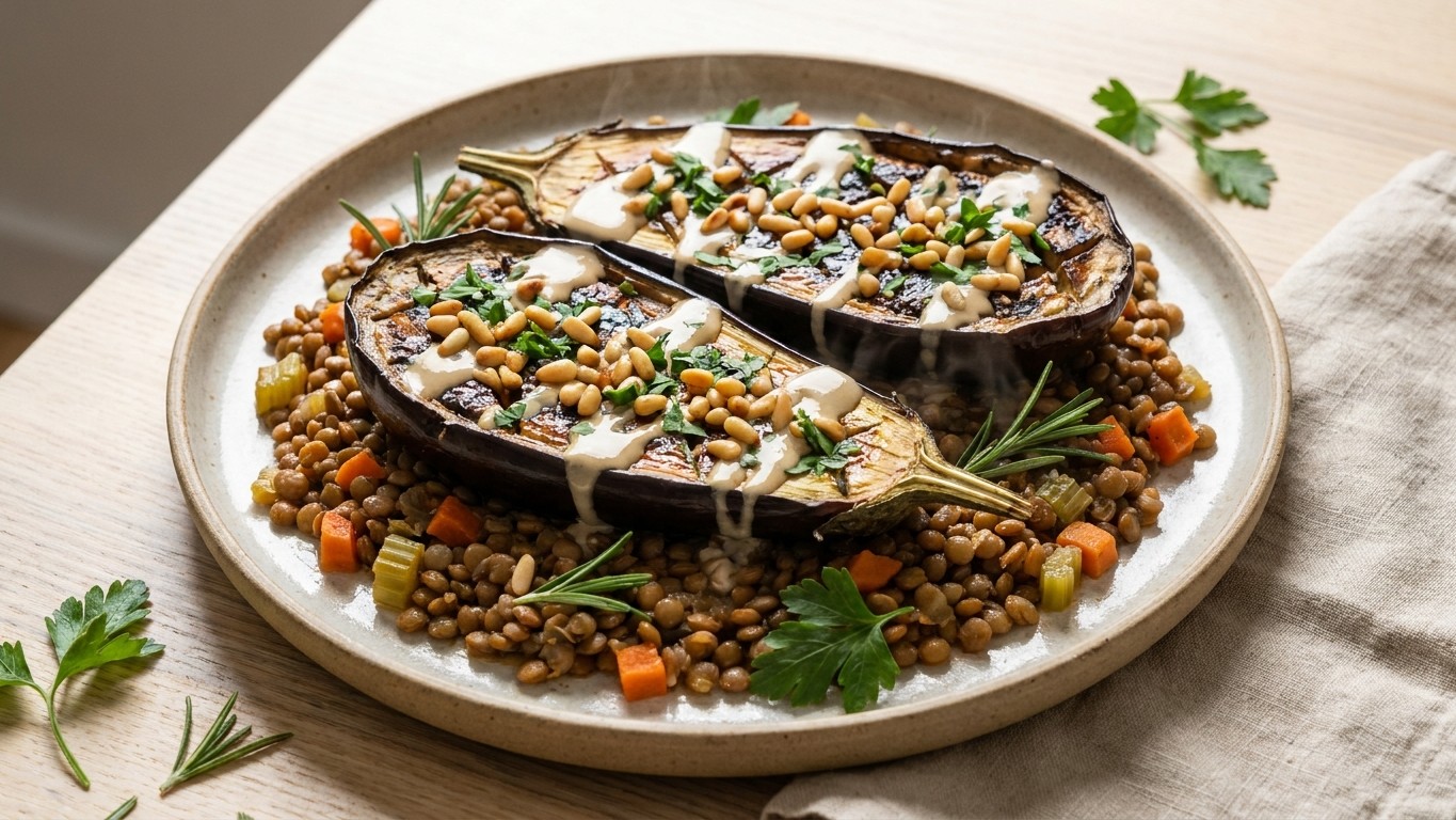 Roasted Eggplant With Tahini, Pine Nuts, and Lentils