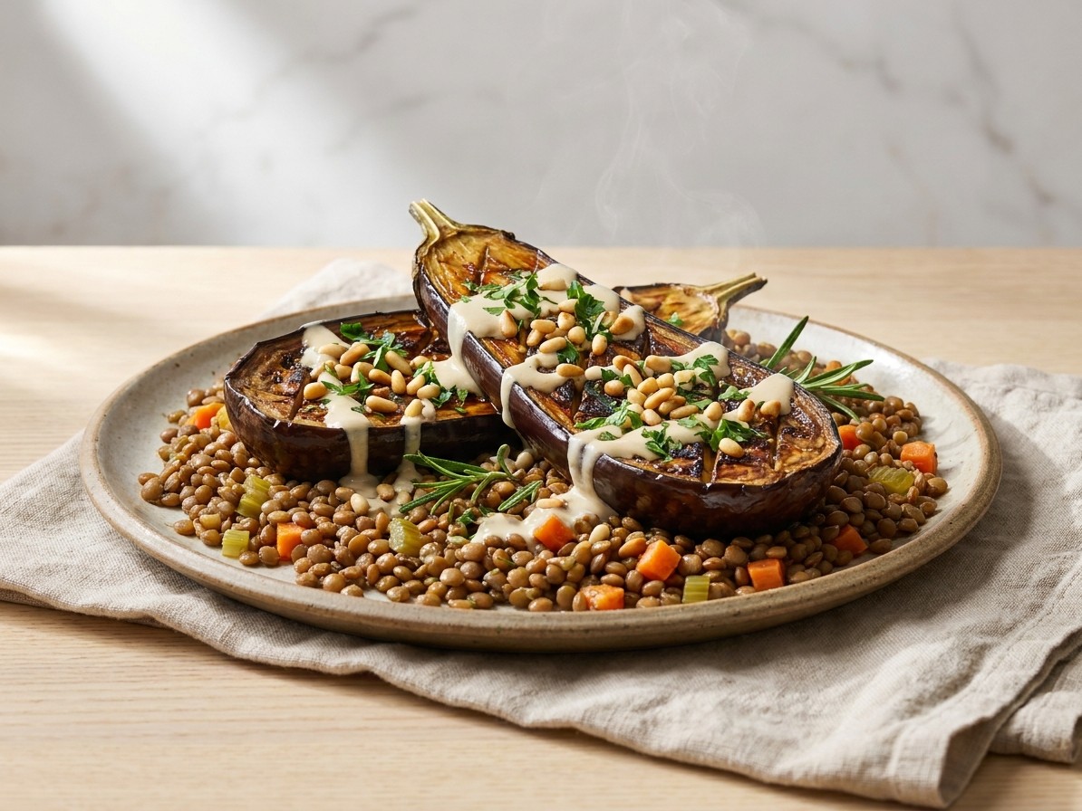 Roasted Eggplant With Tahini, Pine Nuts, and Lentils