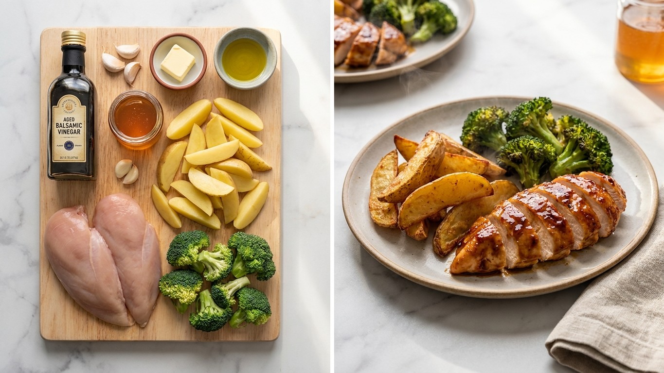 Honey Balsamic Chicken with Crispy Broccoli and Potatoes
