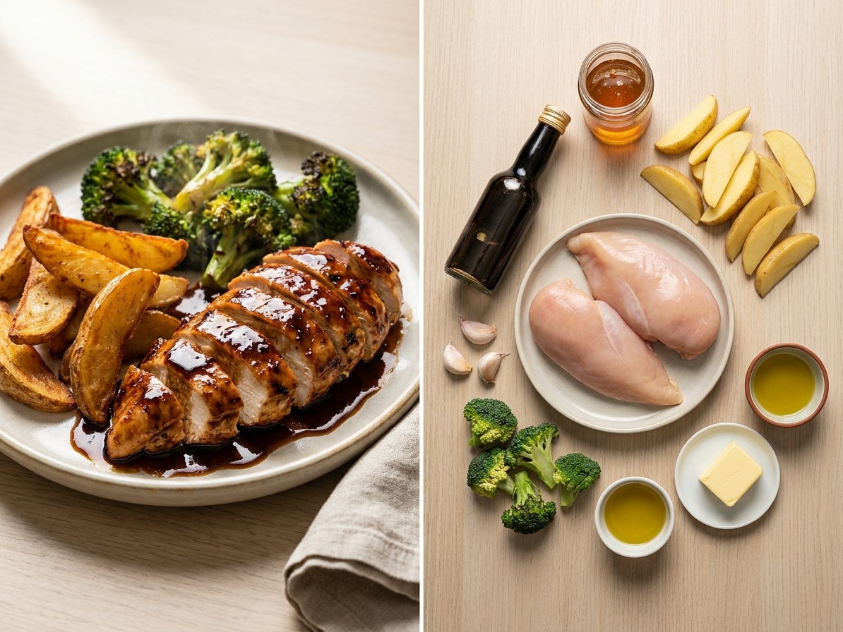 Honey Balsamic Chicken with Crispy Broccoli and Potatoes