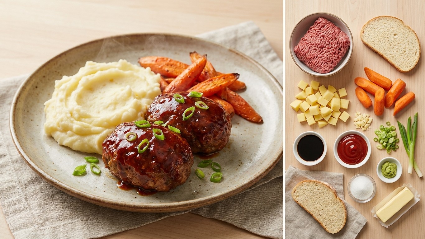 Soy-Glazed Mini Meatloaves with Wasabi Mashed Potatoes and Roasted Carrots