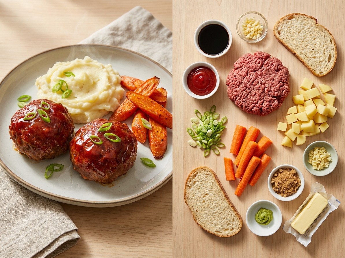 Soy-Glazed Mini Meatloaves with Wasabi Mashed Potatoes and Roasted Carrots