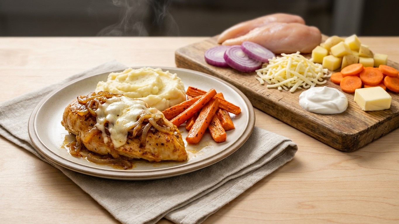 French Onion Chicken with Roasted Carrots and Mashed Potatoes