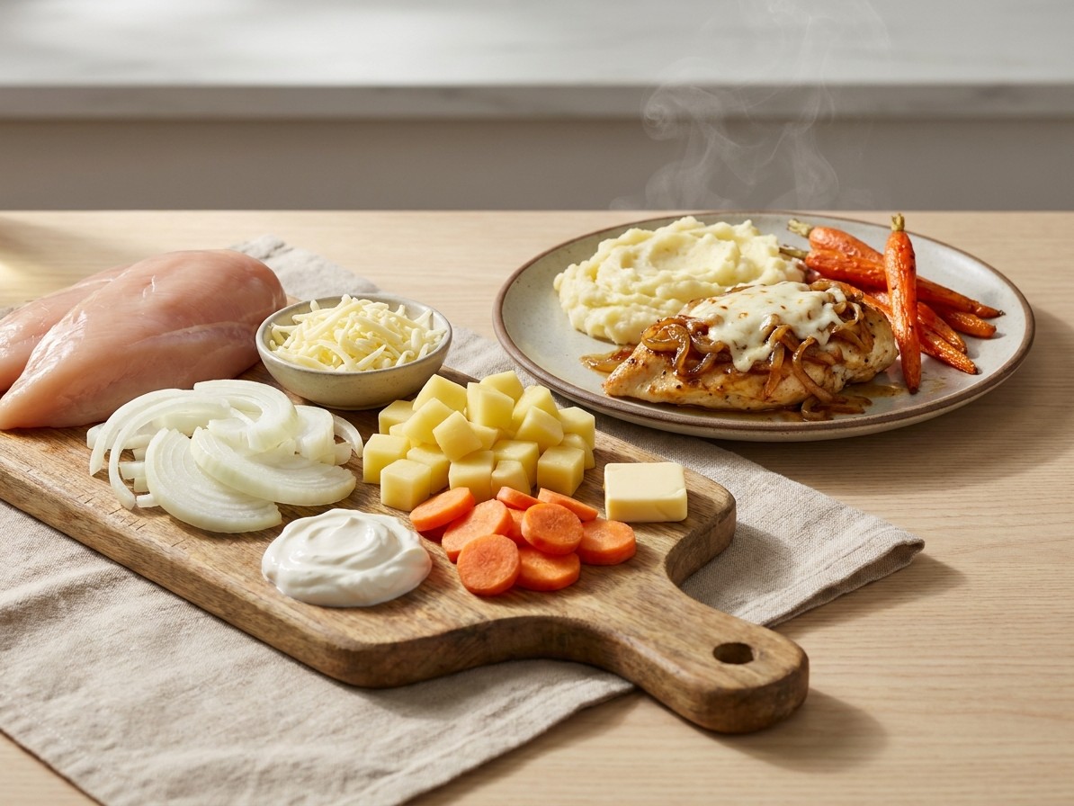 French Onion Chicken with Roasted Carrots and Mashed Potatoes