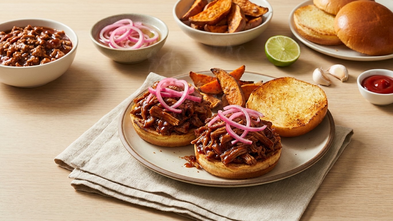 BBQ Pork Sloppy Joes with Sweet Potato Wedges