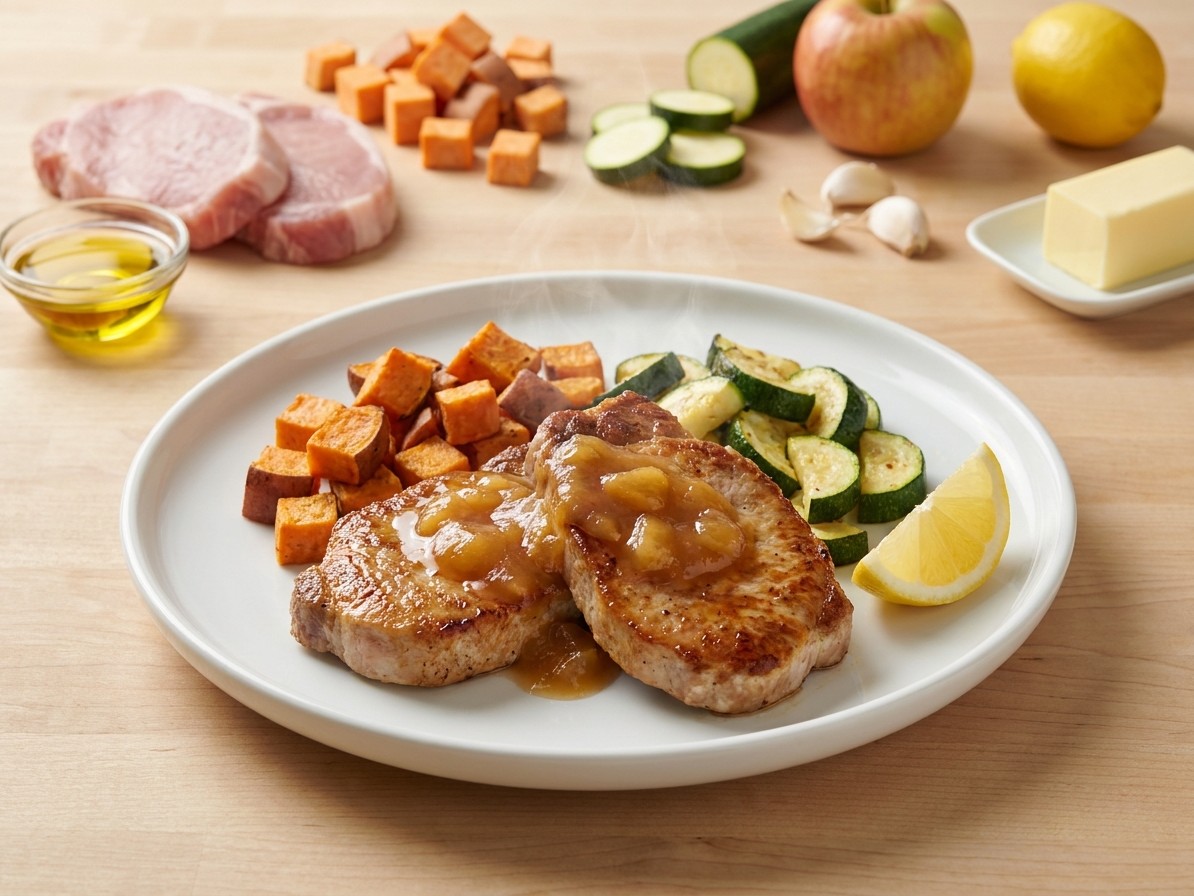 Skillet Apple Pork Chops with Roasted Sweet Potatoes and Zucchini