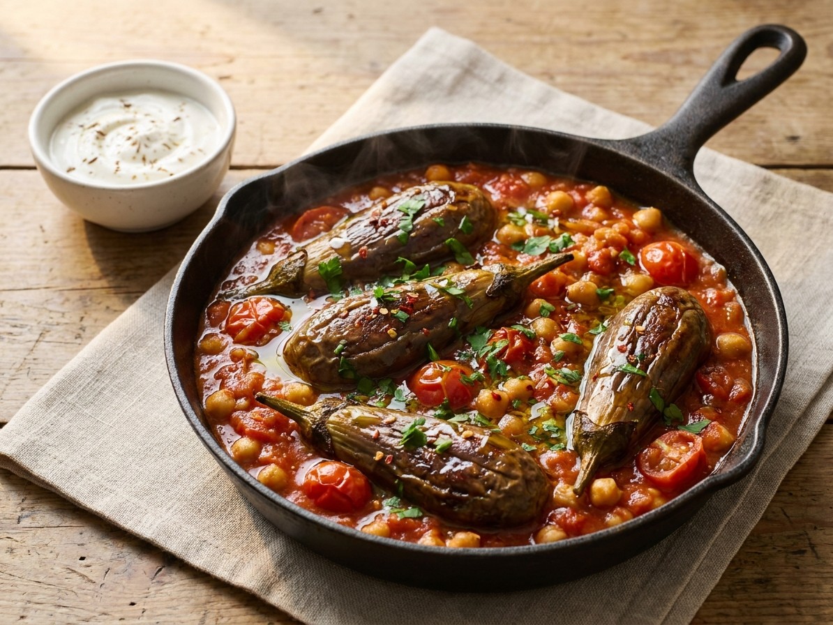 Stovetop Eggplant with Harissa, Chickpeas, and Cumin Yogurt