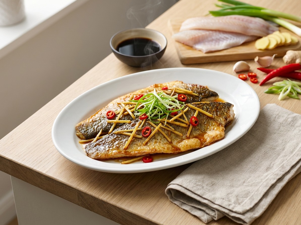 Crispy Sea Bass with Sizzled Ginger, Chili and Scallions