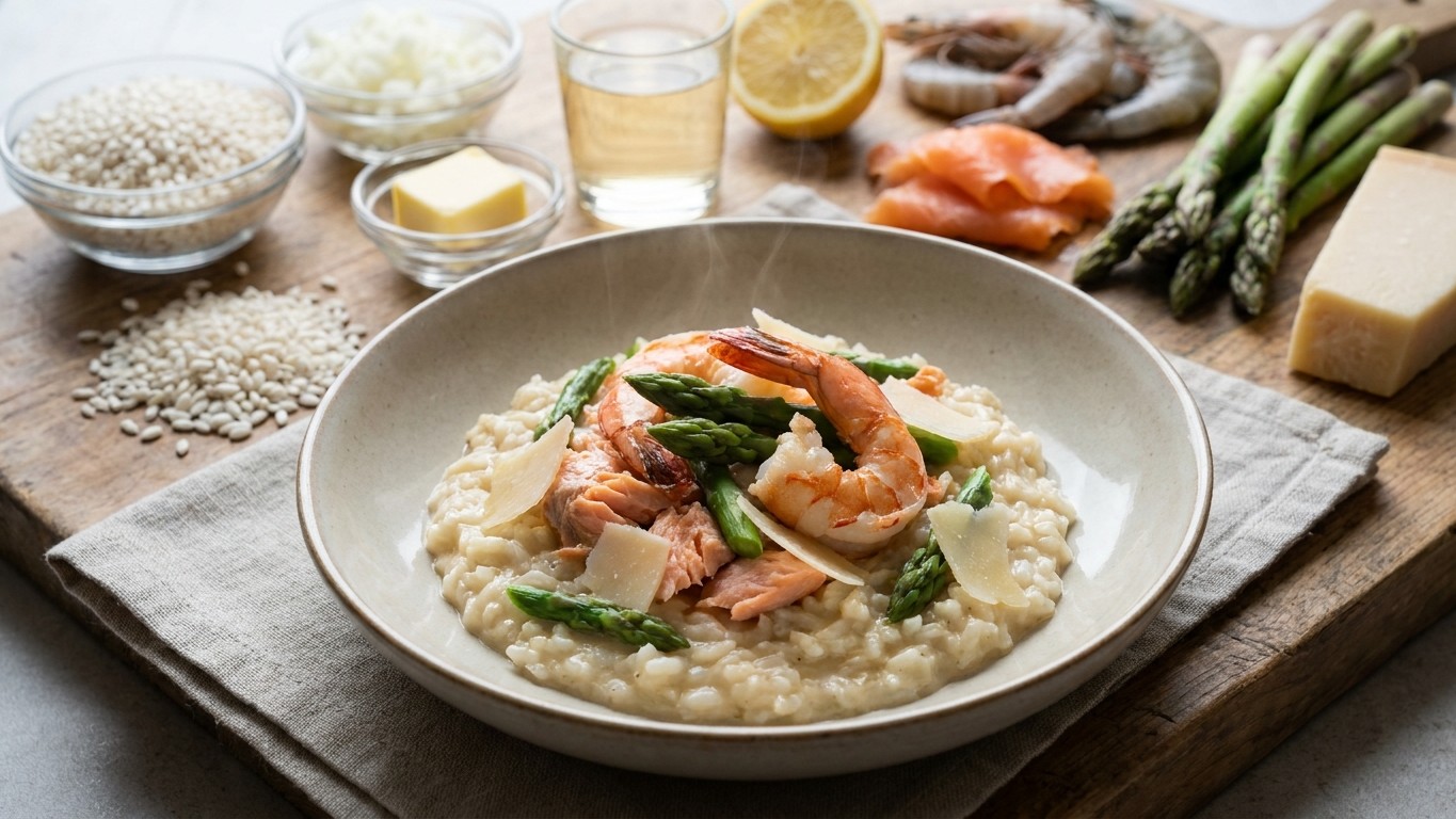Salmon and Prawn Risotto with Asparagus