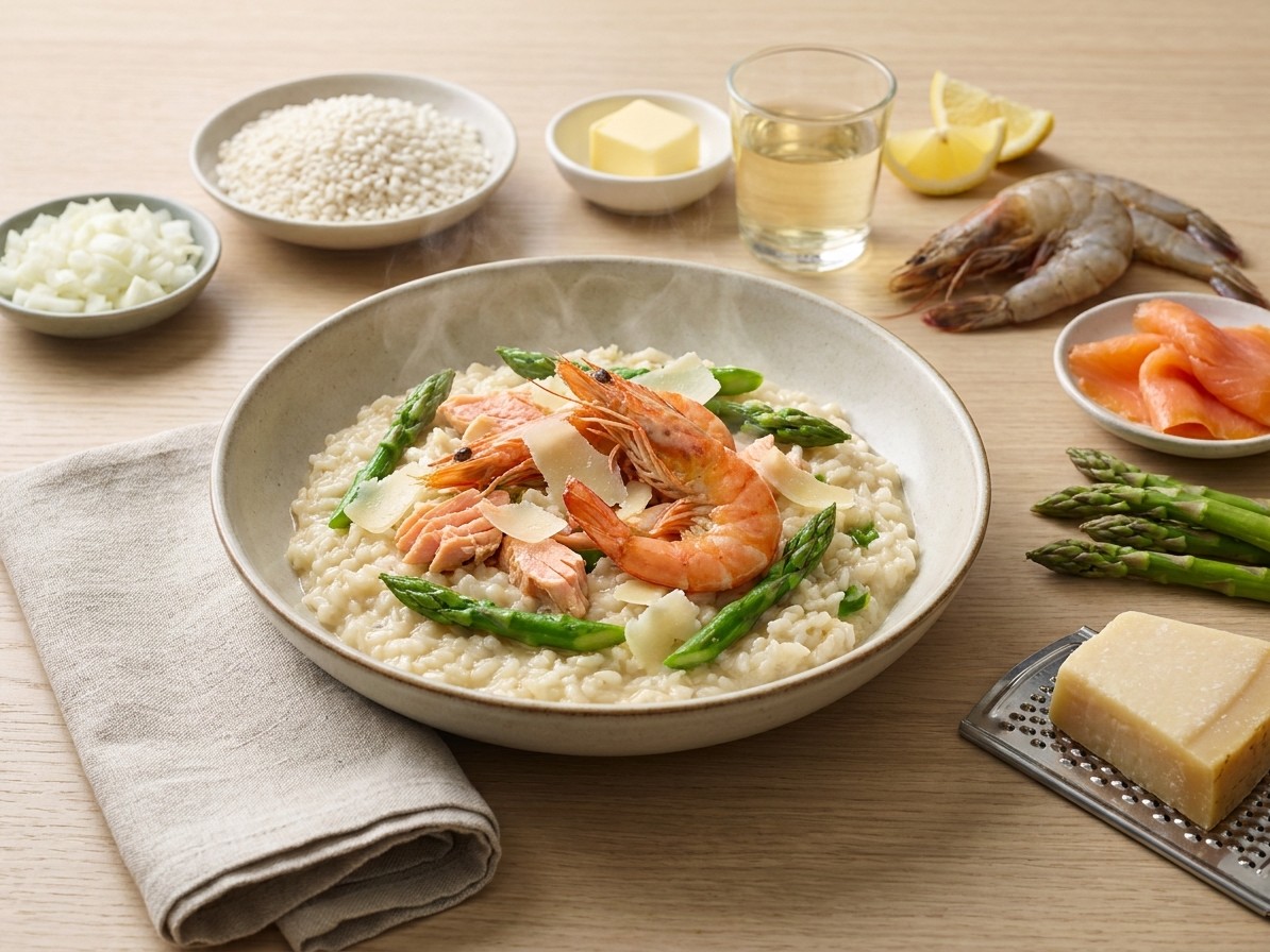 Salmon and Prawn Risotto with Asparagus