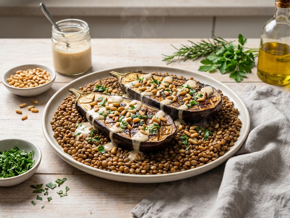 Roasted Eggplant With Tahini, Pine Nuts, and Lentils