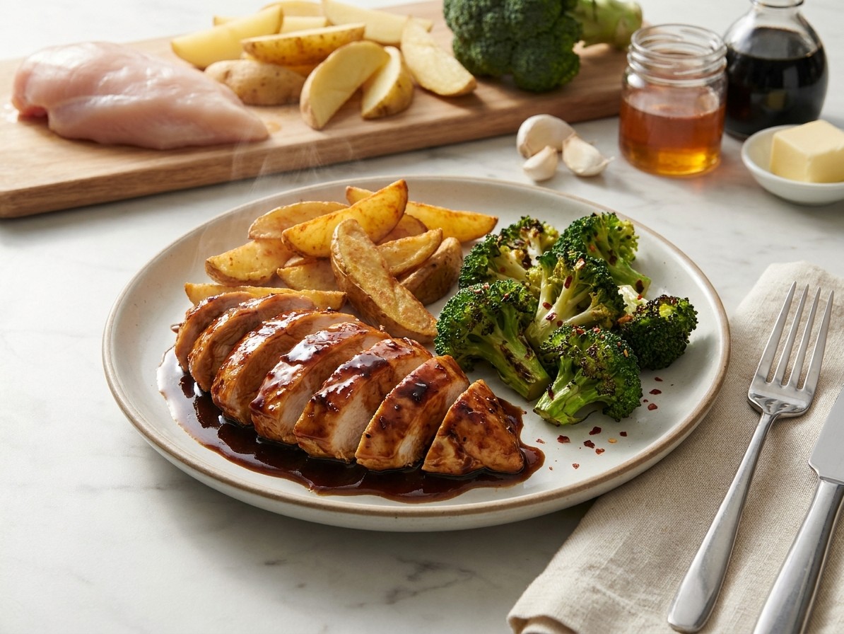 Honey Balsamic Chicken with Crispy Broccoli and Potatoes