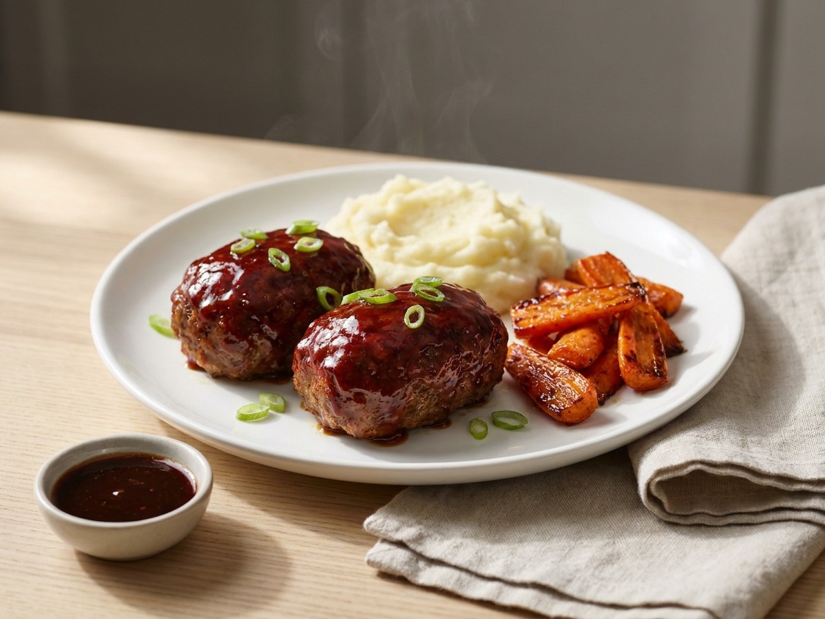 Soy-Glazed Mini Meatloaves with Wasabi Mashed Potatoes and Roasted Carrots